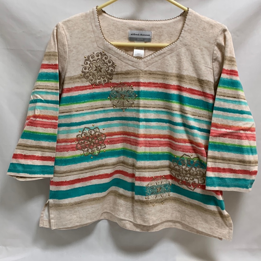 Alfred Dunner Multi-Color 3/4 Sleeve Cotton Blend Knit Top. PM